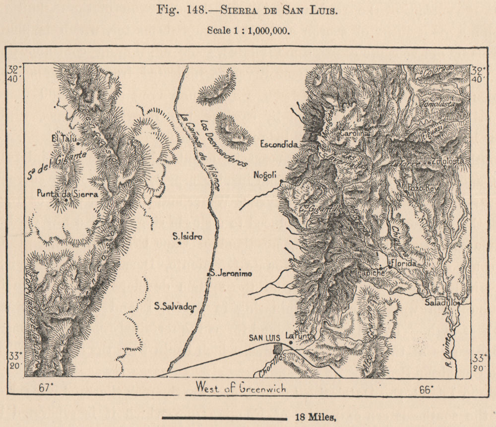 Sierra de San Luis. Argentina 1885 old antique vintage map plan chart